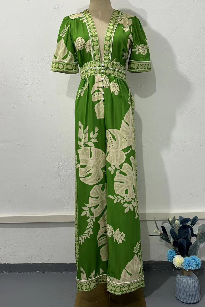 National Totem Print Pocket V Neck Loose Jumpsuits