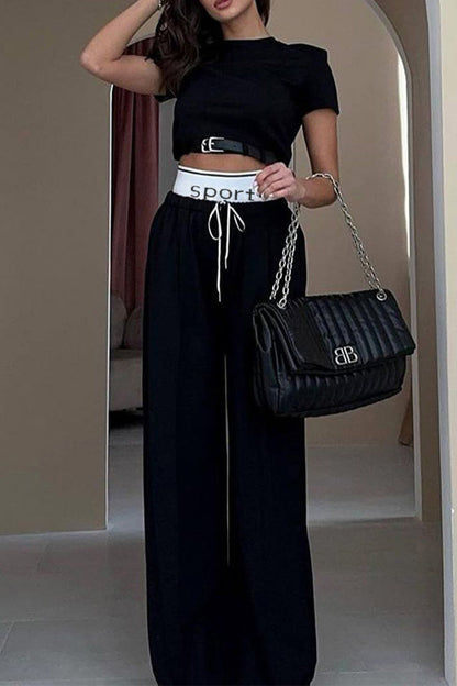 British Style Draw String With Belt O Neck Short Sleeve Two Pieces