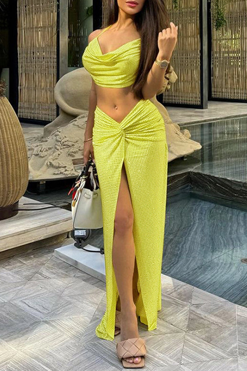 Vacation Slit Fold Rhinestone Halter Sleeveless Two Pieces