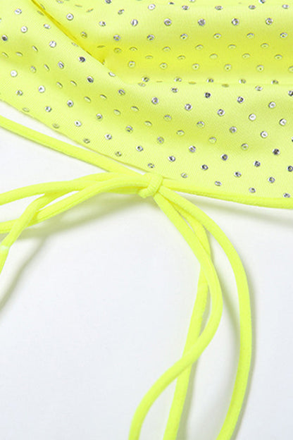 Vacation Slit Fold Rhinestone Halter Sleeveless Two Pieces