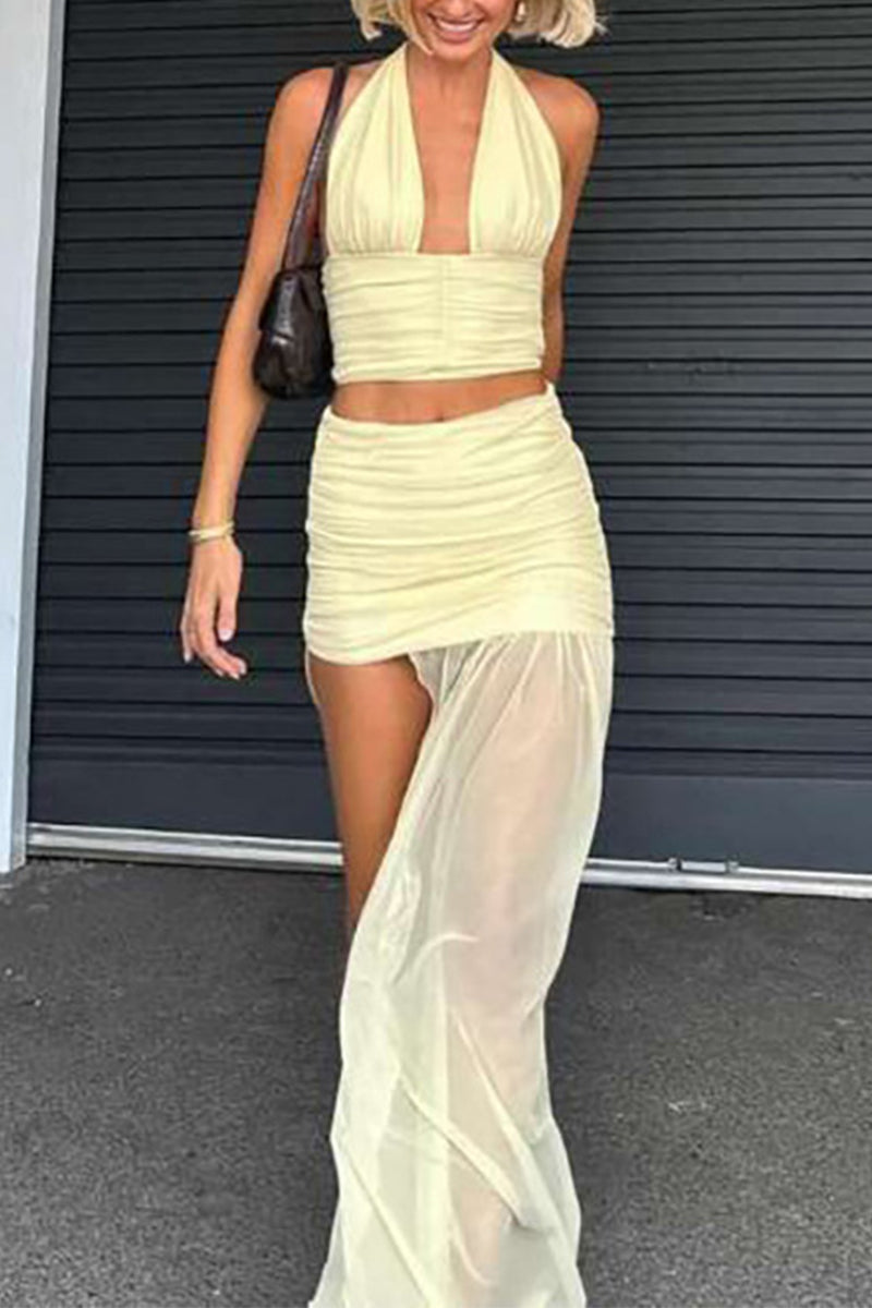 Backless Fold Mesh Halter Sleeveless Two Pieces
