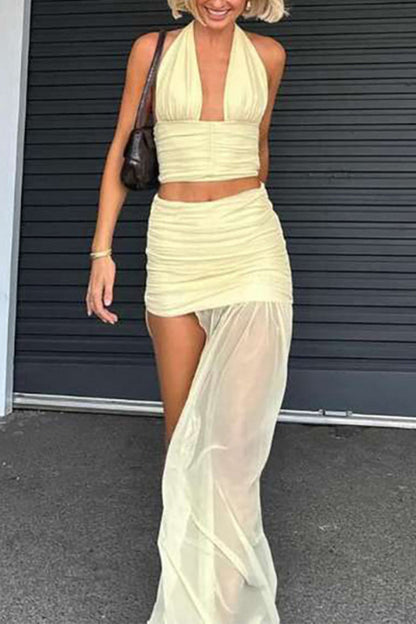 Backless Fold Mesh Halter Sleeveless Two Pieces