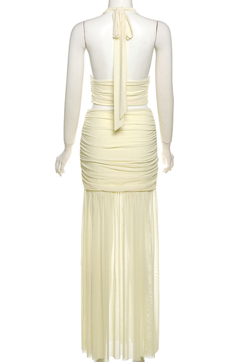 Backless Fold Mesh Halter Sleeveless Two Pieces