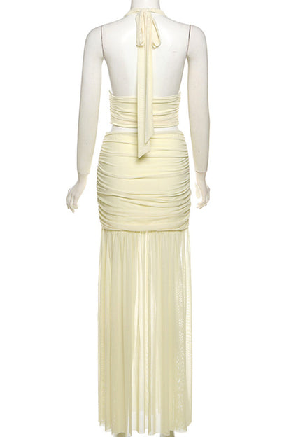 Backless Fold Mesh Halter Sleeveless Two Pieces