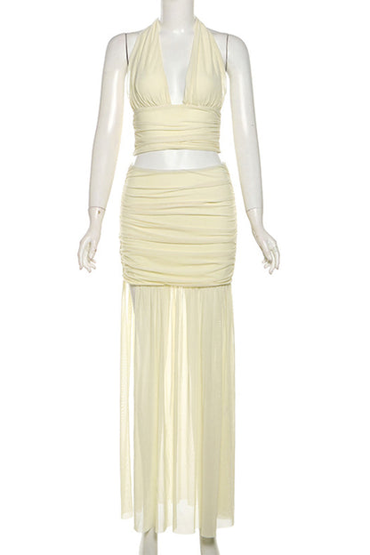 Backless Fold Mesh Halter Sleeveless Two Pieces