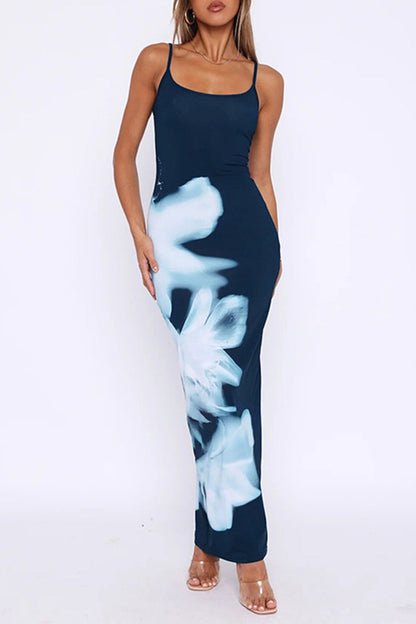 Print Flowers Backless U Neck One Step Skirt Dresses