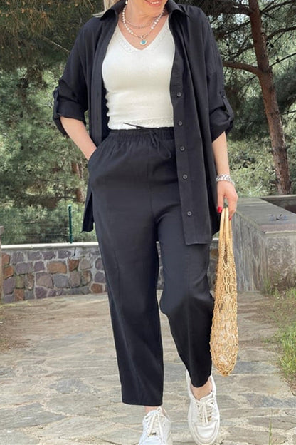 Daily Pocket Frenulum Turndown Collar Long Sleeve Two Pieces