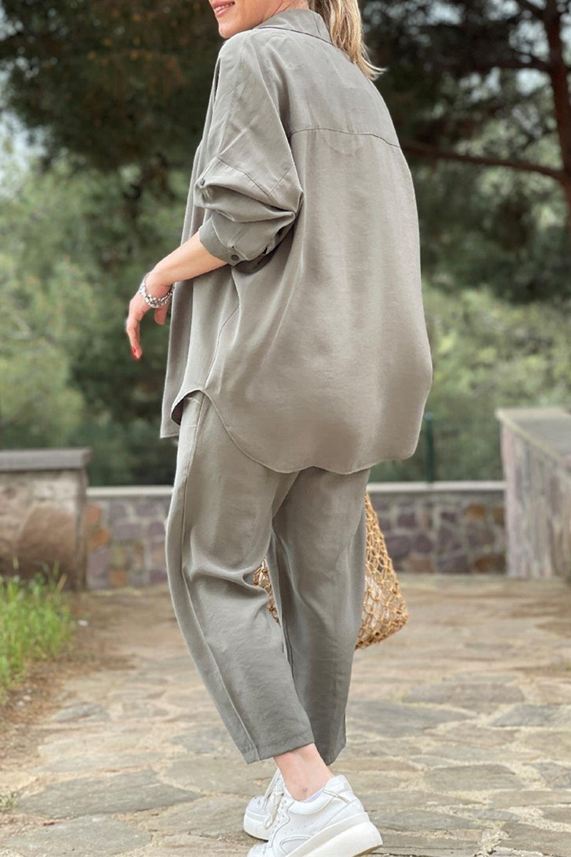 Daily Pocket Frenulum Turndown Collar Long Sleeve Two Pieces