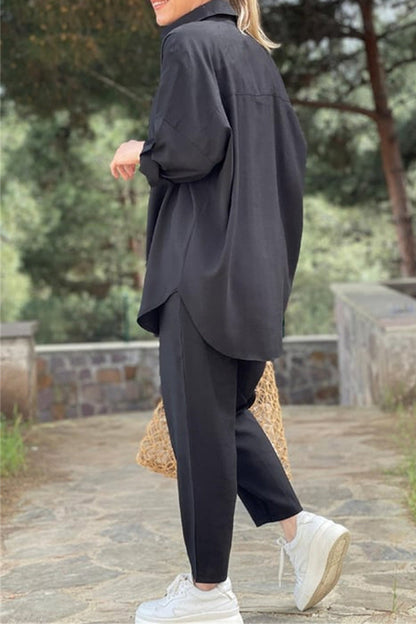 Daily Pocket Frenulum Turndown Collar Long Sleeve Two Pieces