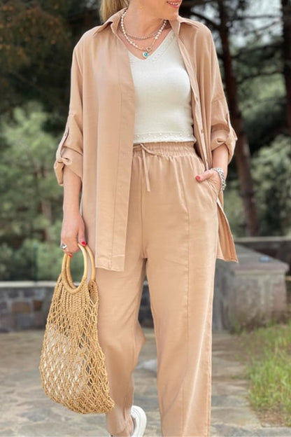 Daily Pocket Frenulum Turndown Collar Long Sleeve Two Pieces