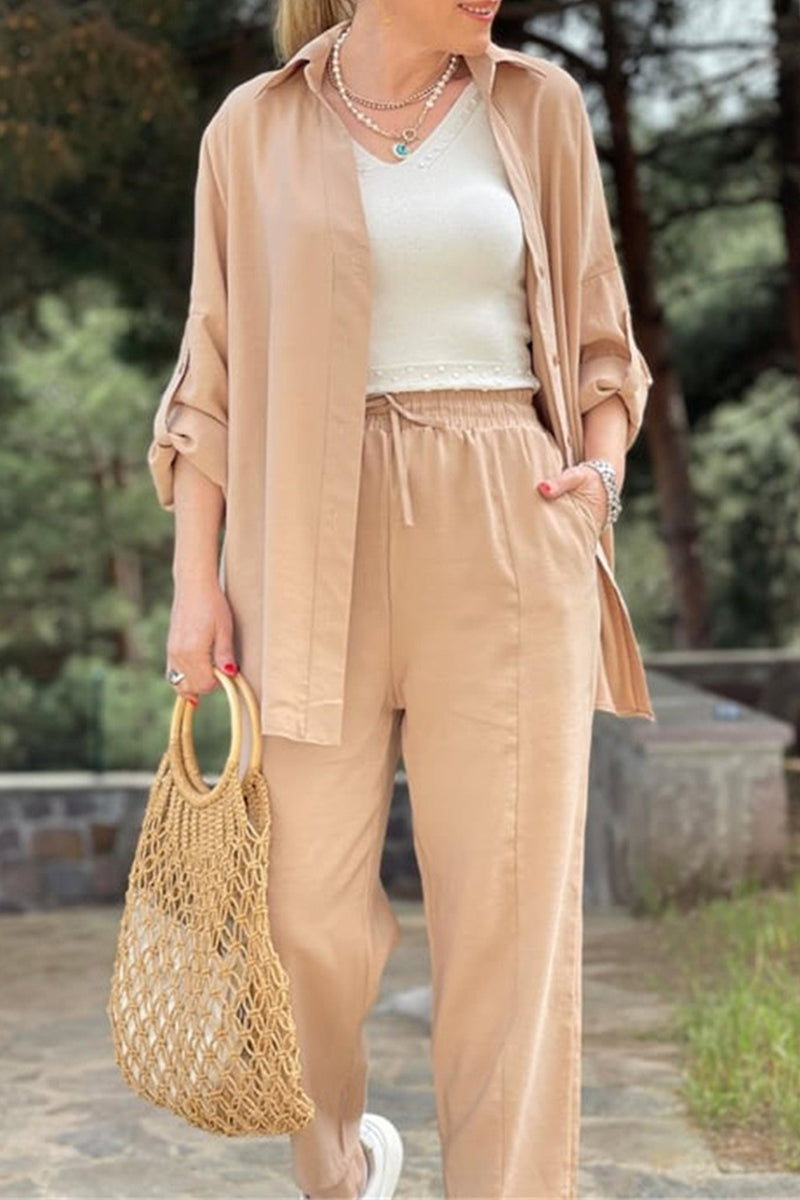 Daily Pocket Frenulum Turndown Collar Long Sleeve Two Pieces