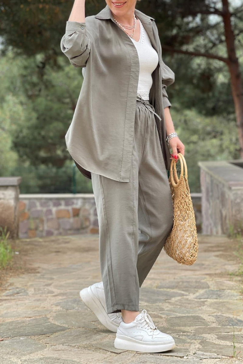 Daily Pocket Frenulum Turndown Collar Long Sleeve Two Pieces