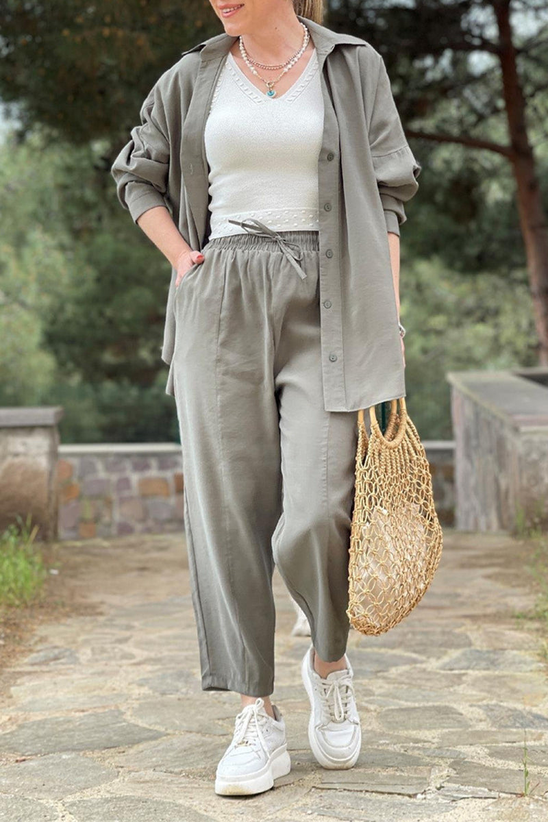 Daily Pocket Frenulum Turndown Collar Long Sleeve Two Pieces