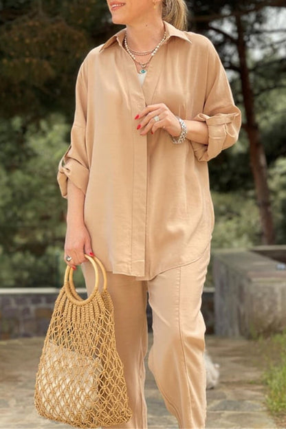 Daily Pocket Frenulum Turndown Collar Long Sleeve Two Pieces