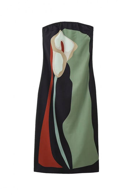 Print Flowers Slit Contrast Strapless One Step Skirt Dresses
