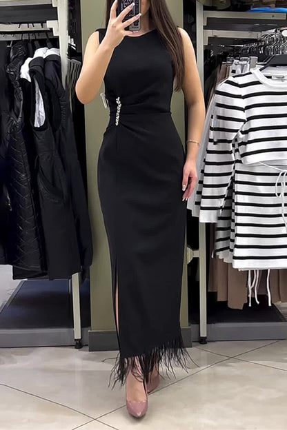 Tassel Rhinestone O Neck One Step Skirt Dresses