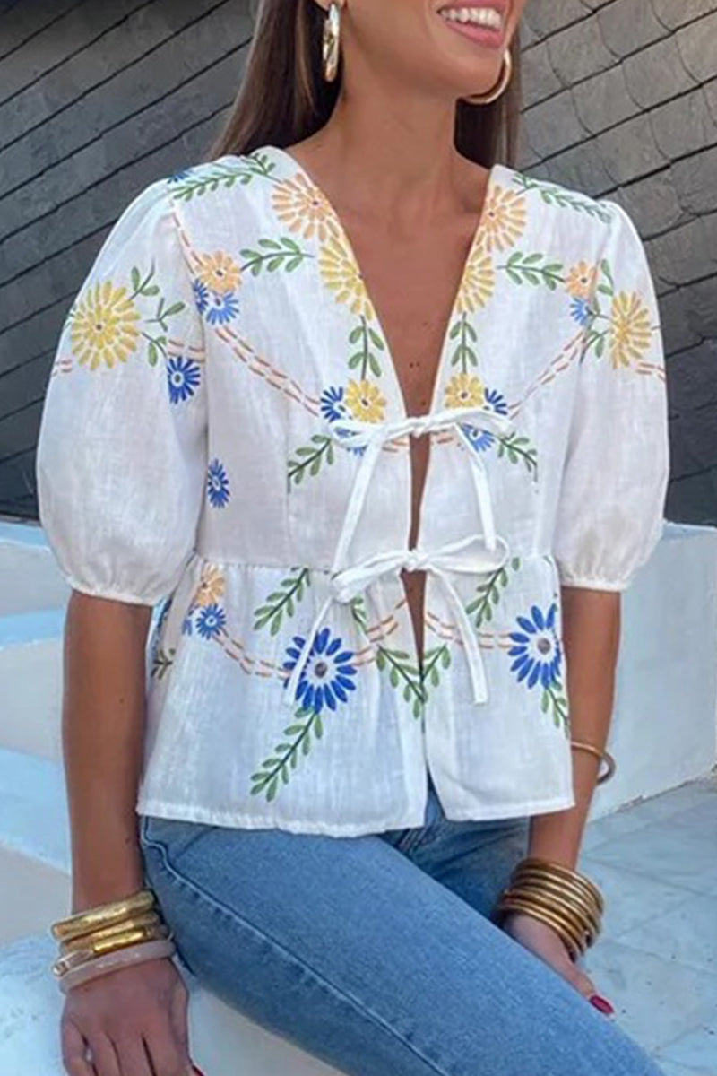Not Positioning Printed Flowers Frenulum V Neck Blouses