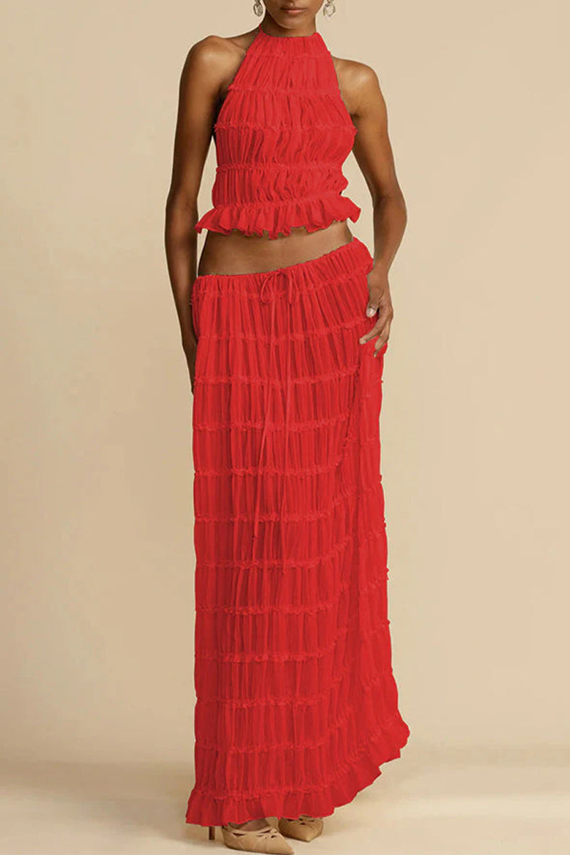 Vacation Backless Fold Halter Sleeveless Two Pieces