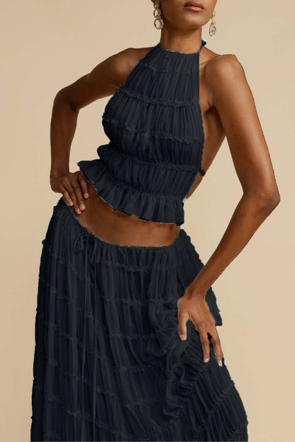 Vacation Backless Fold Halter Sleeveless Two Pieces