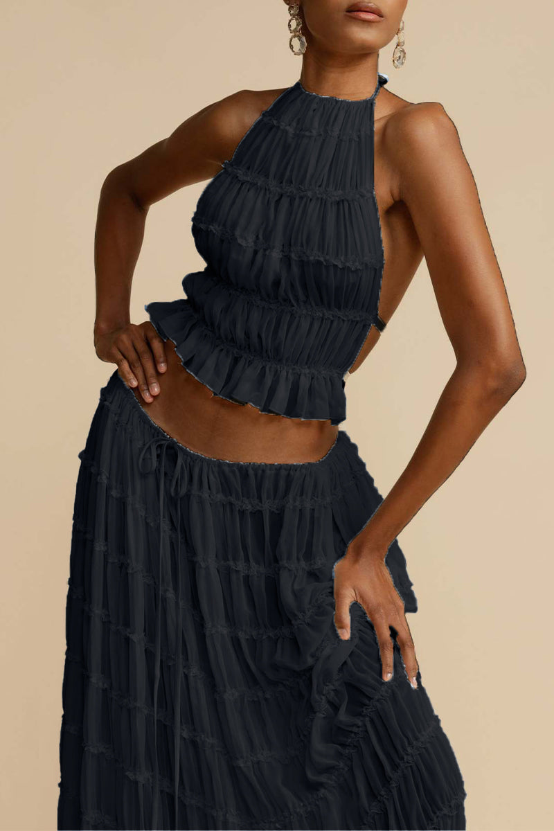 Vacation Backless Fold Halter Sleeveless Two Pieces
