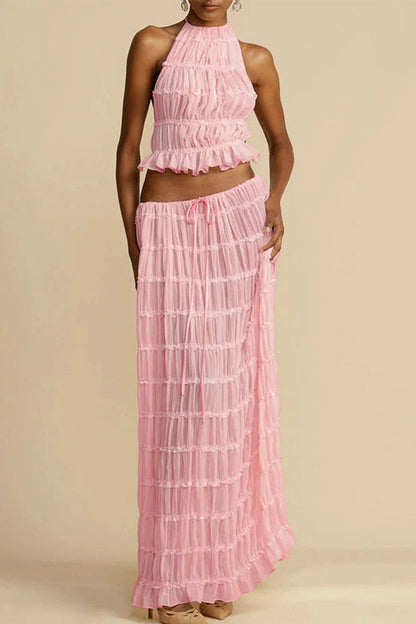 Vacation Backless Fold Halter Sleeveless Two Pieces