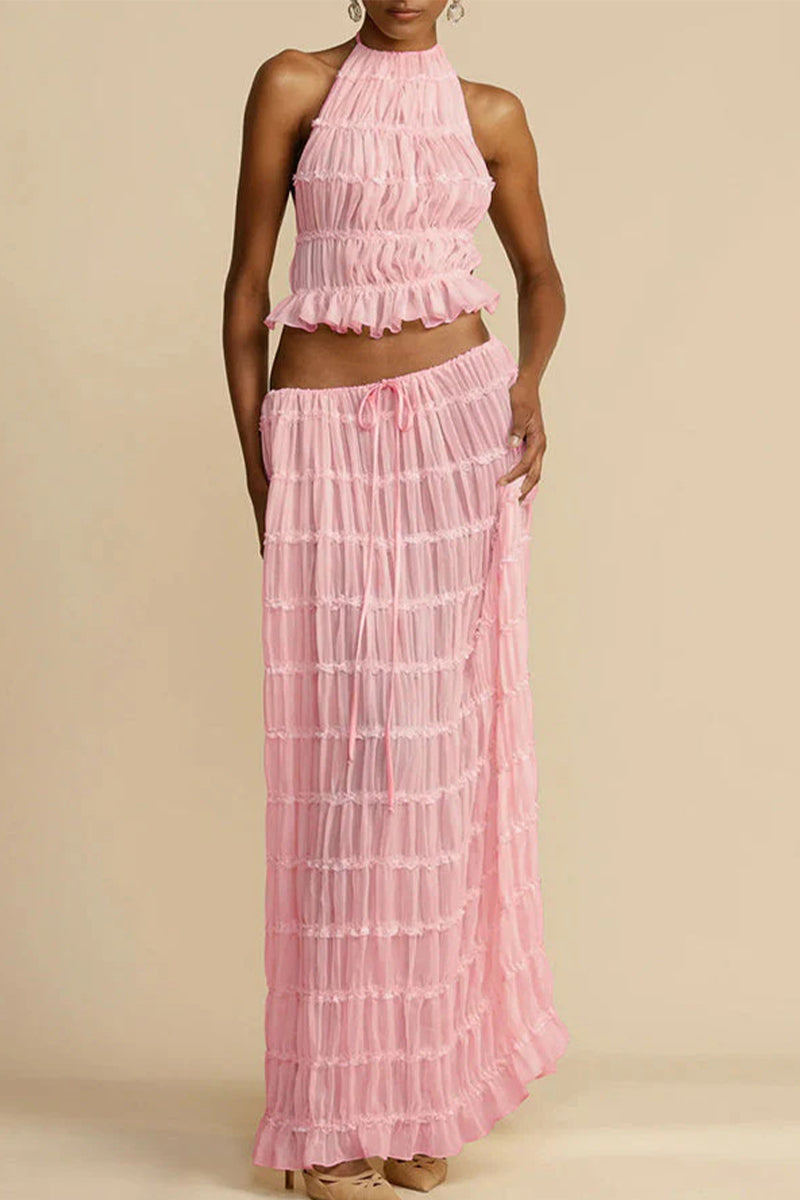 Vacation Backless Fold Halter Sleeveless Two Pieces
