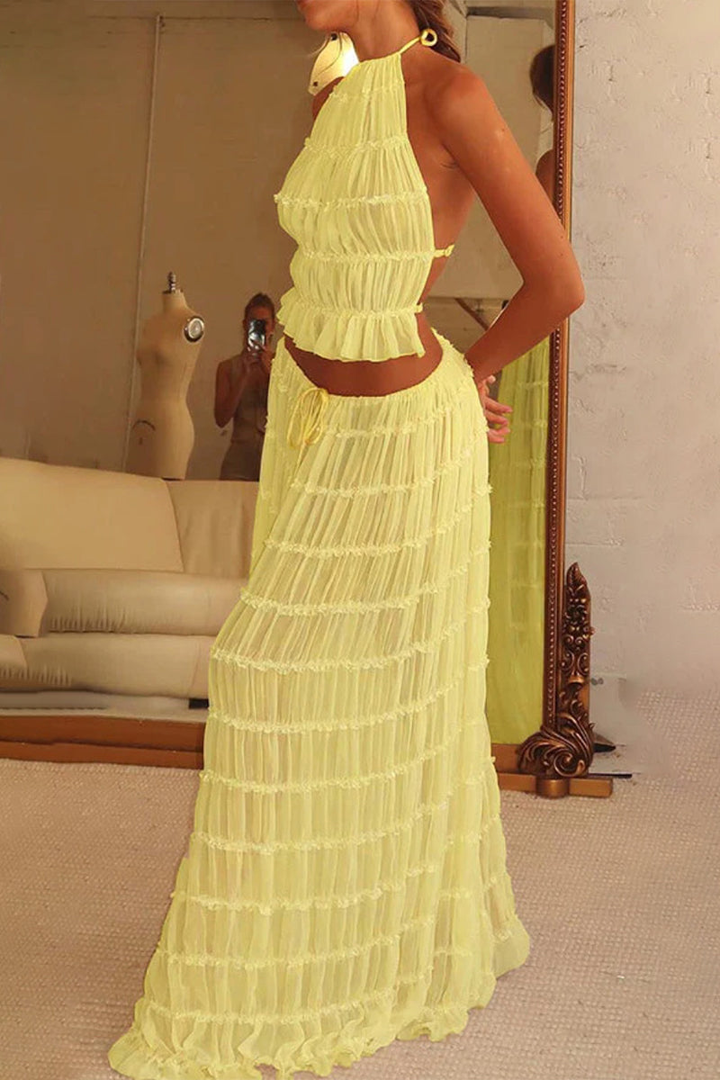 Vacation Backless Fold Halter Sleeveless Two Pieces