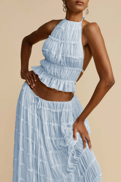 Vacation Backless Fold Halter Sleeveless Two Pieces