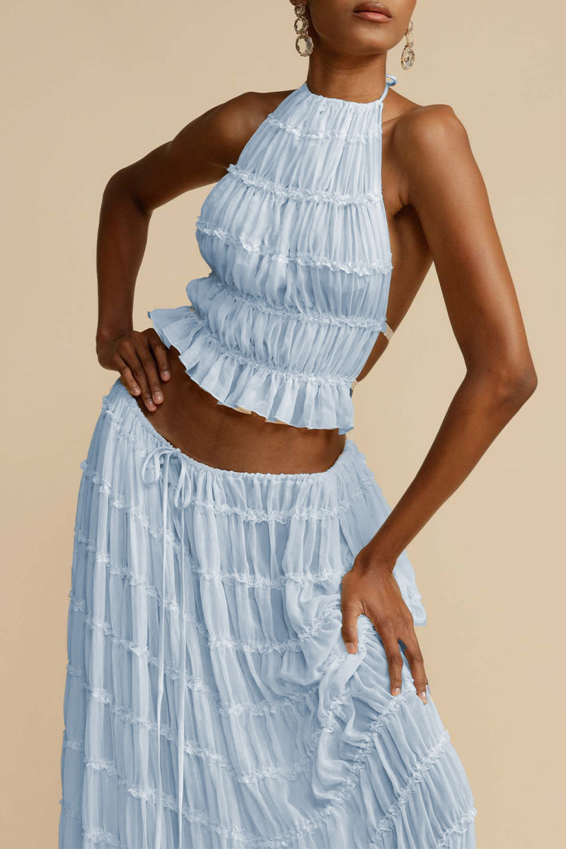 Vacation Backless Fold Halter Sleeveless Two Pieces