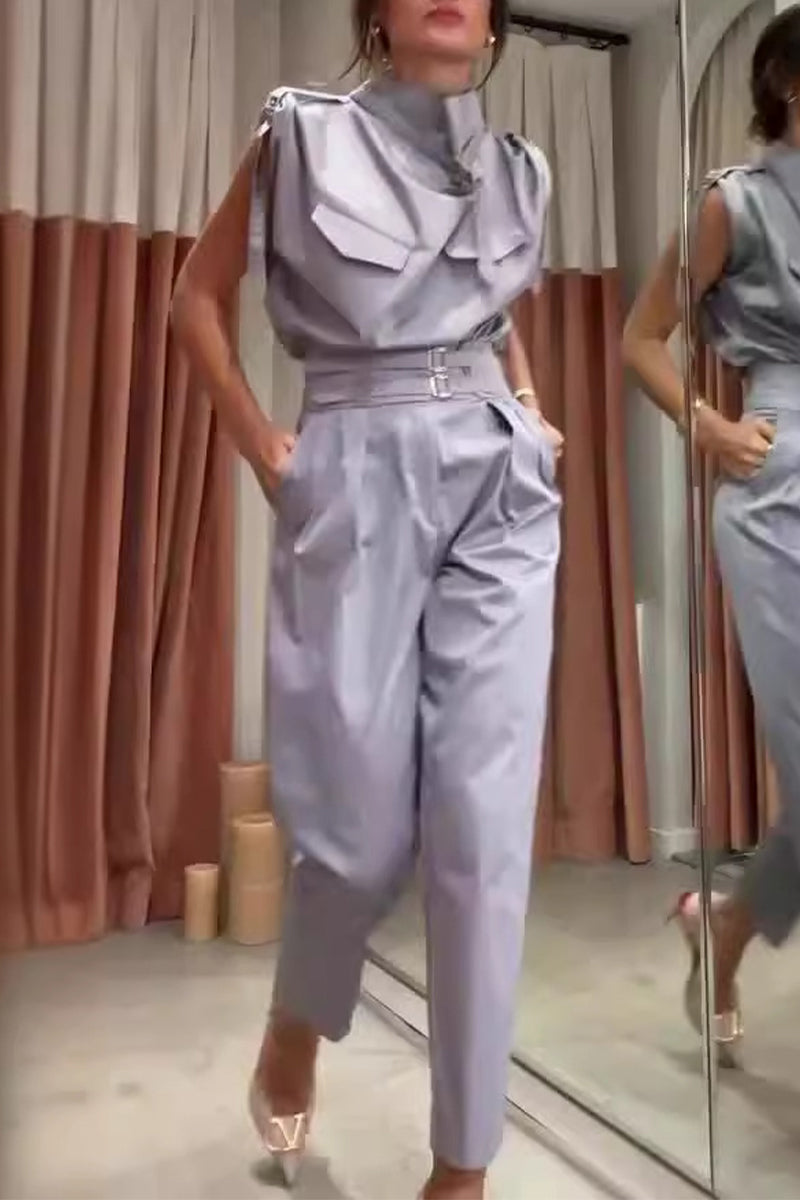 Street Patchwork Turtleneck Regular Jumpsuits