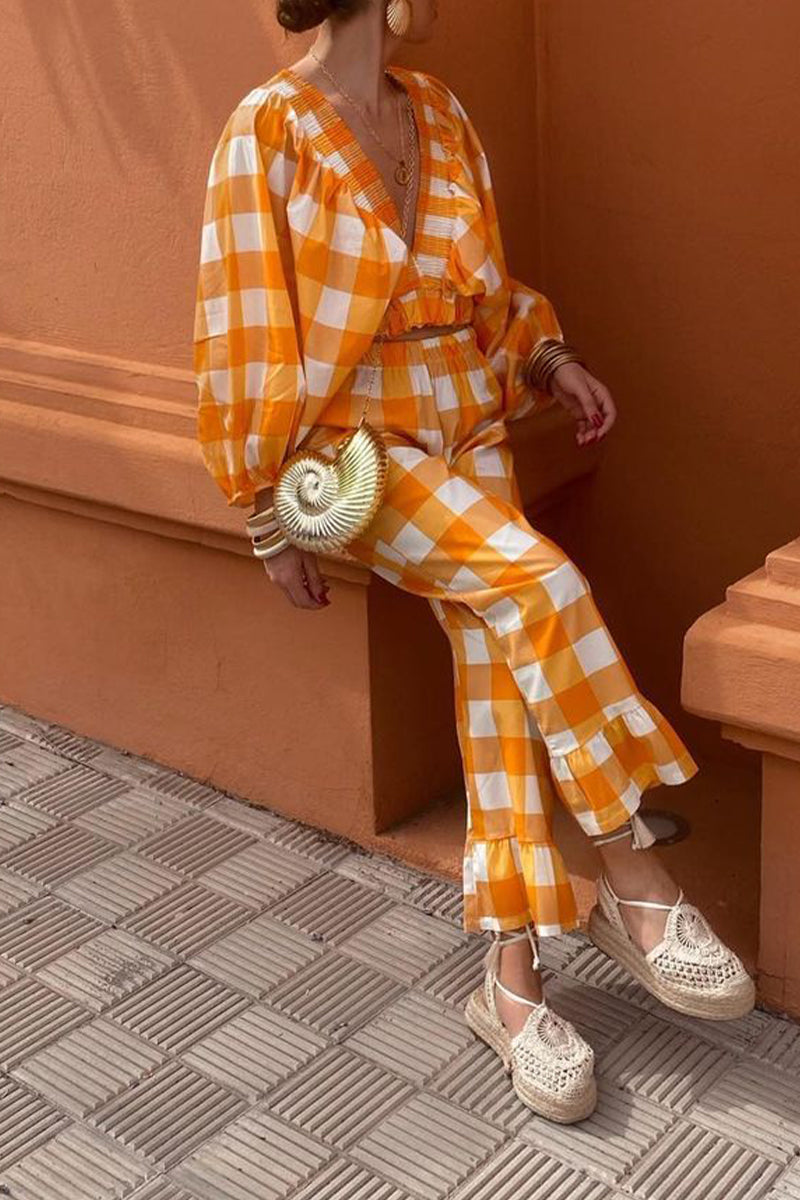 Sweet Plaid Fold Contrast V Neck Long Sleeve Two Pieces