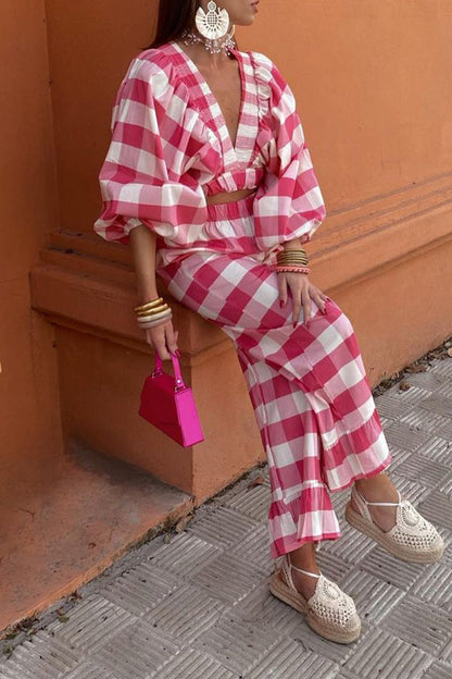Sweet Plaid Fold Contrast V Neck Long Sleeve Two Pieces