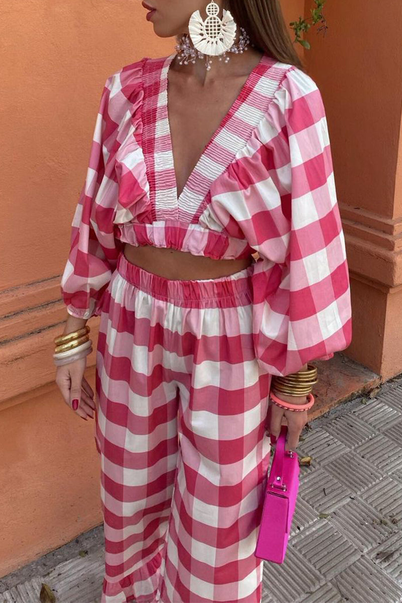 Sweet Plaid Fold Contrast V Neck Long Sleeve Two Pieces