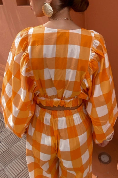 Sweet Plaid Fold Contrast V Neck Long Sleeve Two Pieces