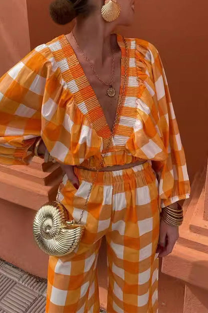 Sweet Plaid Fold Contrast V Neck Long Sleeve Two Pieces