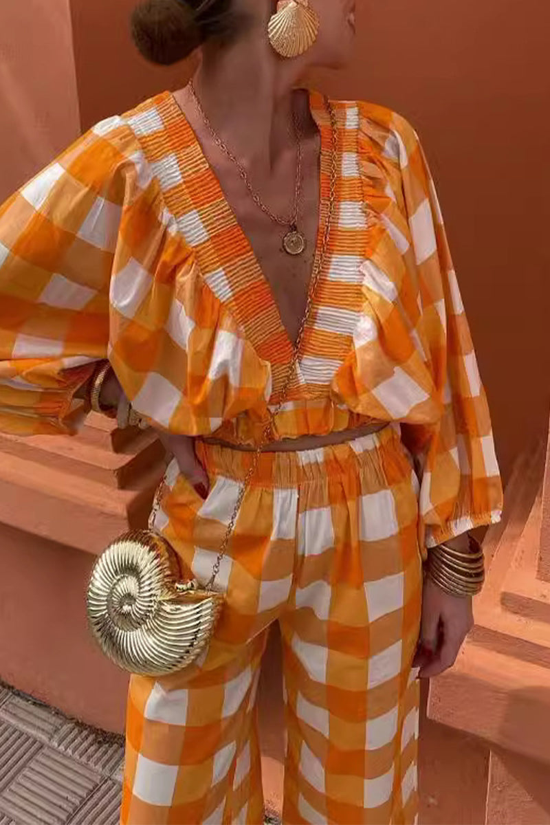 Sweet Plaid Fold Contrast V Neck Long Sleeve Two Pieces
