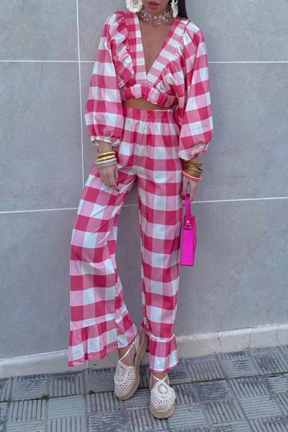 Sweet Plaid Fold Contrast V Neck Long Sleeve Two Pieces