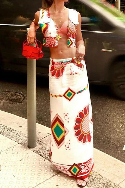 Geometric Print Patchwork V Neck Sleeveless Two Pieces