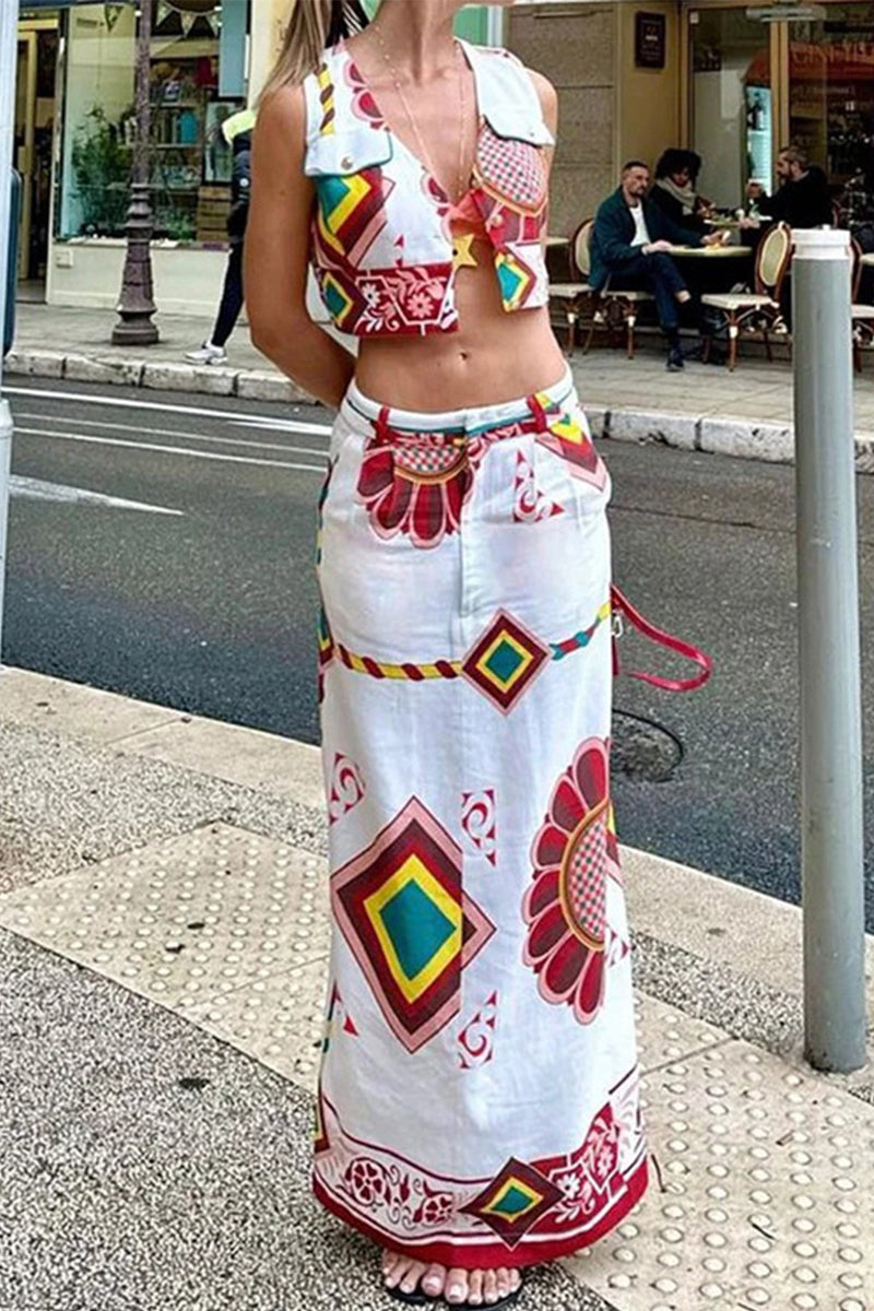 Geometric Print Patchwork V Neck Sleeveless Two Pieces