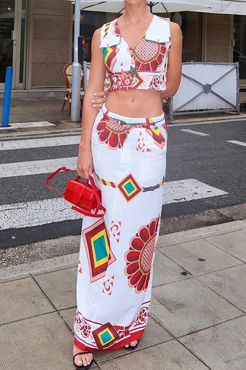 Geometric Print Patchwork V Neck Sleeveless Two Pieces