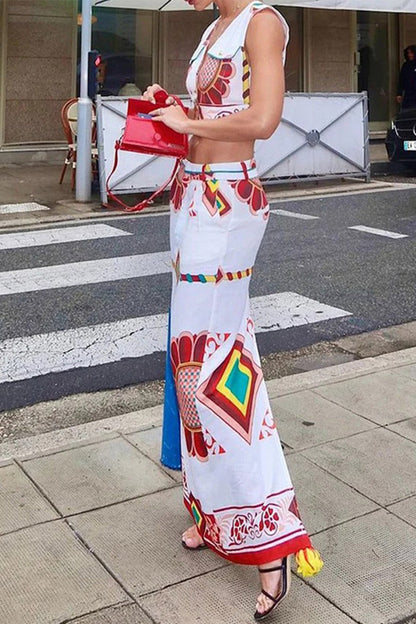 Geometric Print Patchwork V Neck Sleeveless Two Pieces