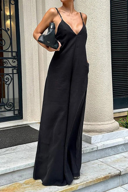 Simplicity Pocket V Neck Loose Jumpsuits
