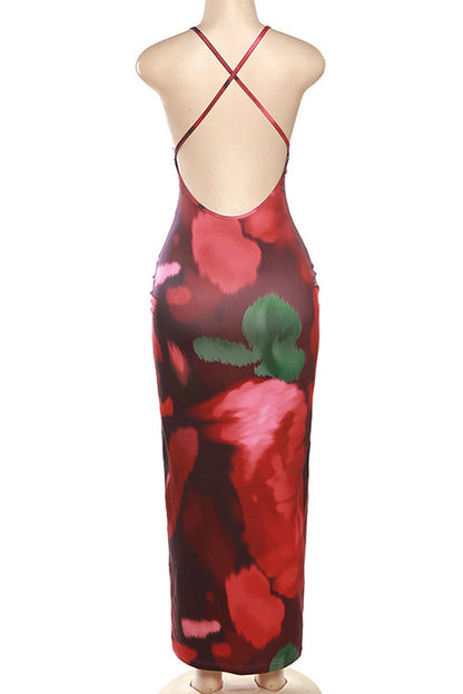 Print Leopard Flowers Lace Backless Halter One Step Skirt Dresses