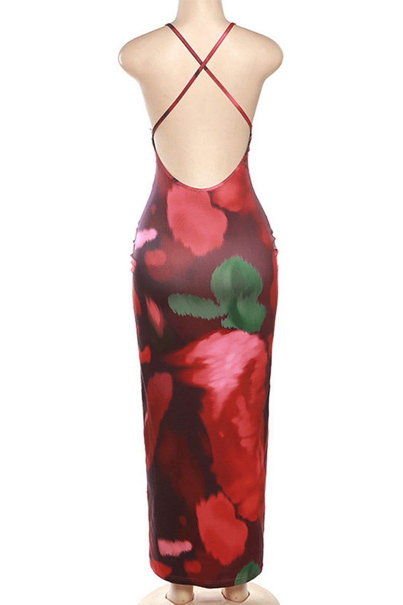 Print Leopard Flowers Lace Backless Halter One Step Skirt Dresses