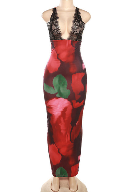Print Leopard Flowers Lace Backless Halter One Step Skirt Dresses