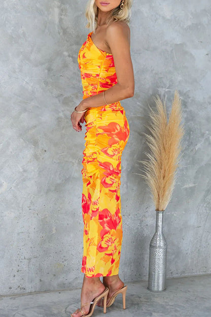 Gradient Print Fold Oblique Collar One Step Skirt Dresses