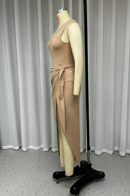 Frenulum Fold Asymmetrical O Neck Wrapped Skirt Dresses