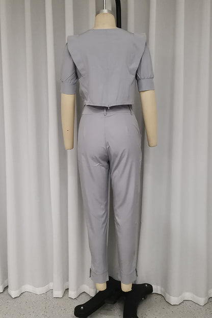 British Style Pocket Fold O Neck Short Sleeve Two Pieces