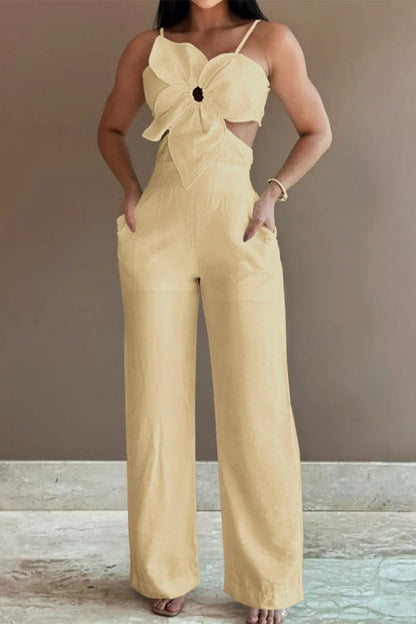 Hollowed Out Pocket Flowers Regular Jumpsuits