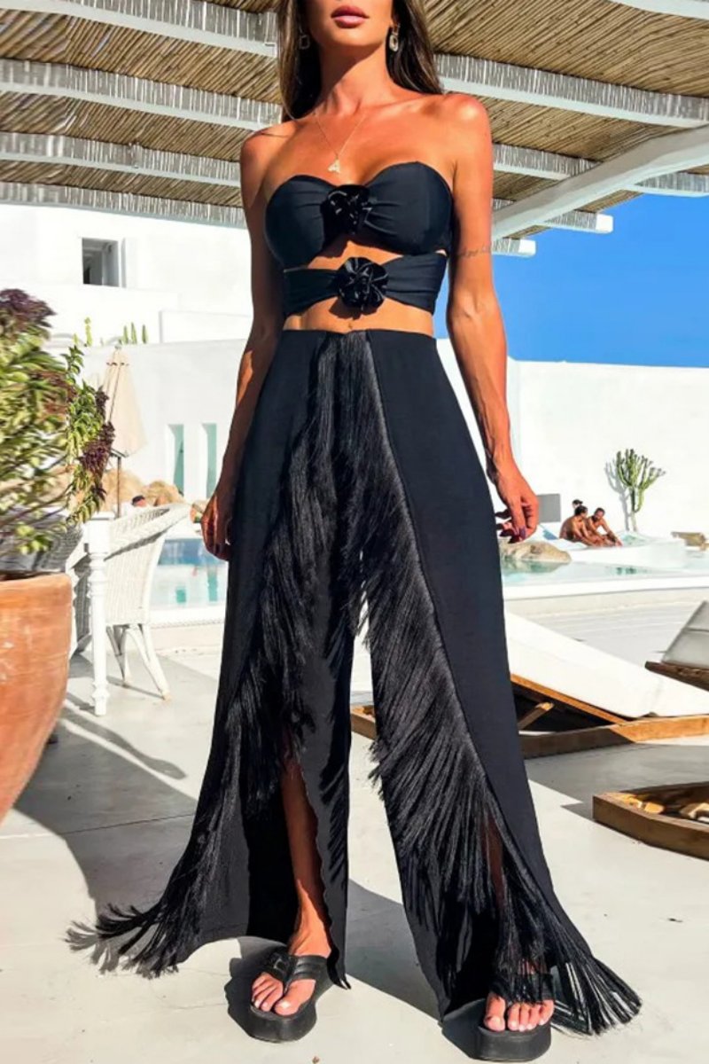 Tassel Hollowed Out Backless Slit Strapless Sleeveless Two Pieces